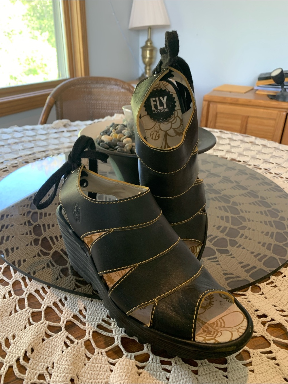 Fly London Black Leather Lace-Up Wedge Sandals